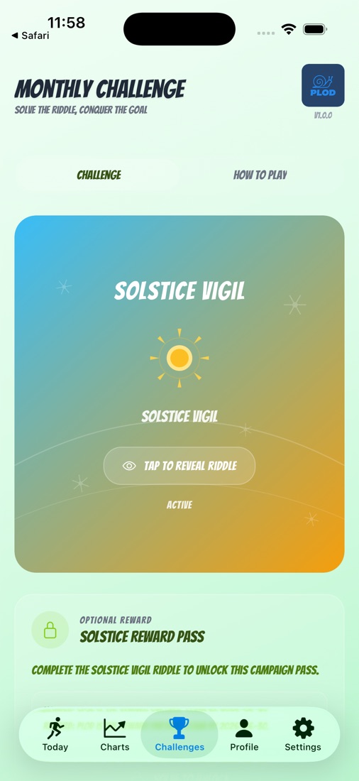 PLOD monthly challenge screen with a riddle to solve